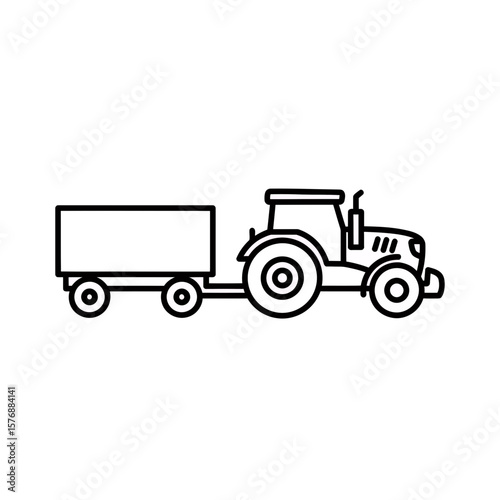 Minimalist side profile line art depicts a modern farm tractor pulling a large cargo trailer, concept for agricultural branding materials, transportation diagram elements and rural farming concepts