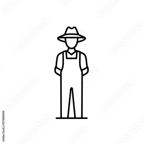 Simple outline icon representing a person wearing a wide-brimmed hat and work overalls standing upright, concept for agricultural branding, farming business websites and rural industry worker
