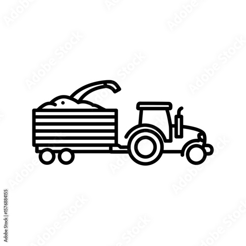 Simple black outline illustration of a farm tractor pulling a large loaded trailer, concept for farming industry promotion materials, agricultural technology presentations, and rural transport