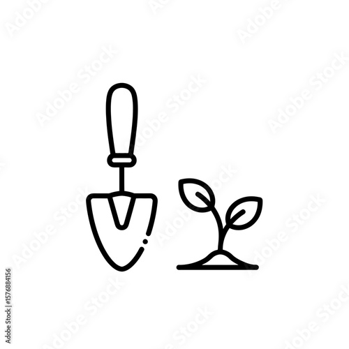 Outline illustration depicts simple hand trowel adjacent to single sprout with two leaves growing from ground, concept for seedling growth stages, planting activities, and sustainable agriculture