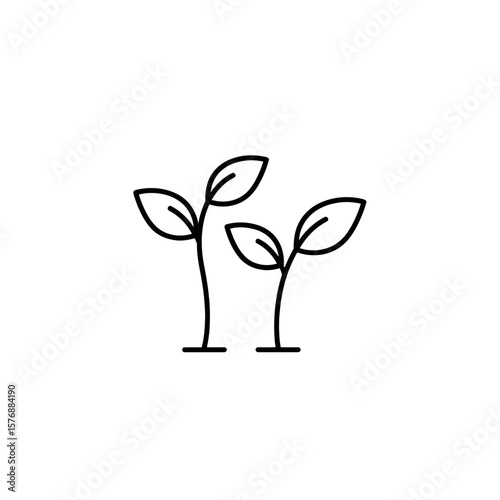 Minimalist clean black line vector drawing shows two small saplings growing upward with multiple leaves, concept for ecology initiatives, sustainable living symbols for green brands