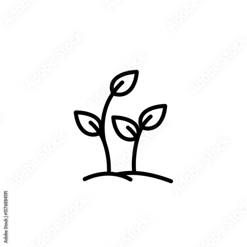 Simple graphic illustration shows young plant seedling sprouting with three fresh leaves above ground, concept for environmental sustainability initiatives agricultural development processes