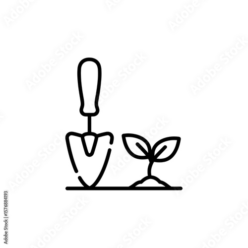 Detailed simple black and white line vector graphic showing a miniature hand trowel tool next to a tender green seedling emerging from soil, concept for organic farming new beginnings