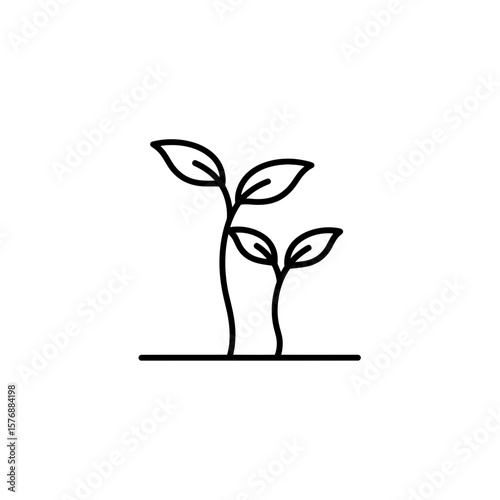 Simple black line illustration depicting two young plant sprouts with leaves growing upward from a line, concept for environmental stewardship initiatives renewable energy projects and corporate