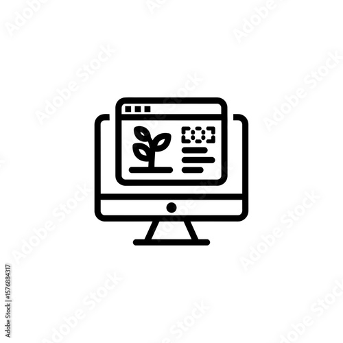 Outline vector illustration of a screen showing a botanical element, text, and code, suggesting digital information, concept for web content related to ecology, sustainable technology development