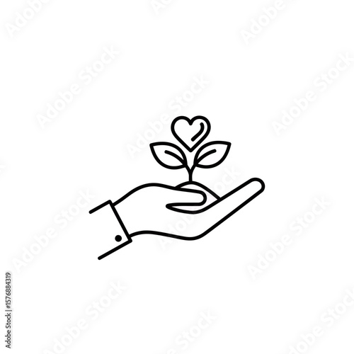 Vector illustration depicts a stylized human hand gently holding tiny plant with a heart symbol, concept for environmental stewardship, volunteer programs, and benevolent organizations
