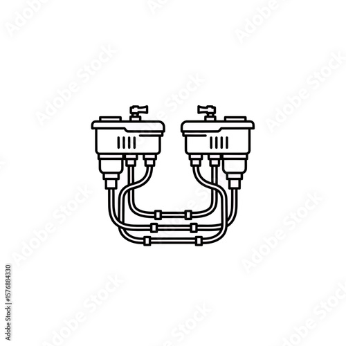 Detailed line drawing depicting two complex interconnected filtration units with valves and multiple tubes, concept for illustrating technical processes, industrial equipment design blueprints