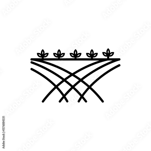 Simple abstract line icon illustrating cultivated fields with curved rows and emerging plants, representing farm land, concept for agricultural business branding, sustainable farm management
