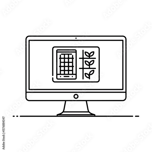 Line art icon showing computer screen with phone grid and plant graphic representing smart farming data monitoring, concept for agricultural technology applications precision farming systems