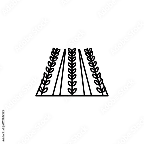 Minimalistic black outline icon illustrating perspective view of agricultural field rows with simple grain stalks, concept for modern agricultural practices, sustainable food production, and rural