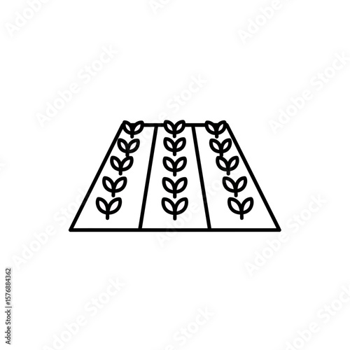 Minimalist black line icon shows a perspective view of planted rows in a farm field, concept for sustainable agriculture systems promoting healthy growth, organic farming practices and rural