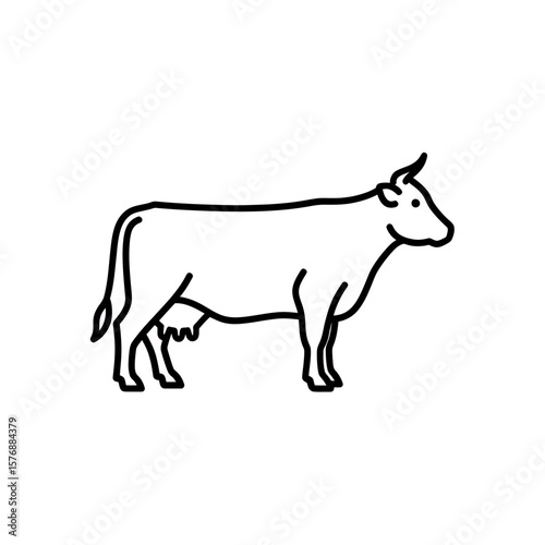 Simple minimalist black outline drawing of a standing cow animal graphic element illustration icon on a white background, concept for dairy packaging design, farm emblem illustration and livestock