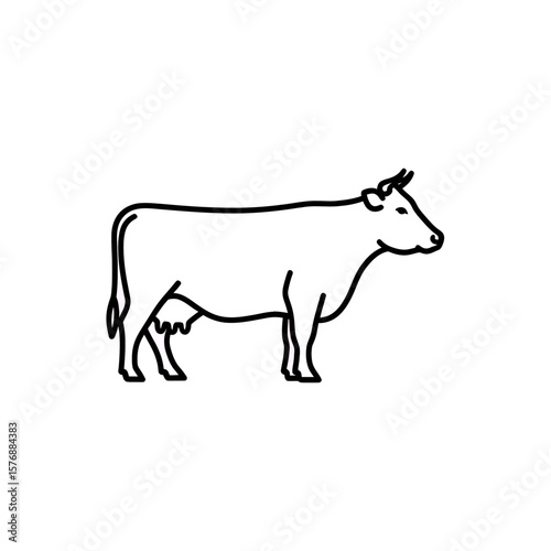 Simple clean minimal vector outline illustration depicting a standing cow with udder symbol isolated, concept for dairy farm marketing materials, milk industry symbolism, and organic food packaging