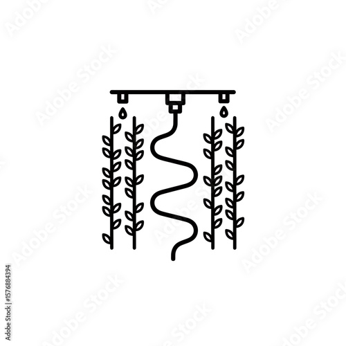 Precise linear illustration showing an automated irrigation system dripping water onto plants in a structured vertical farm setup, concept for innovative agriculture technology, modern sustainable