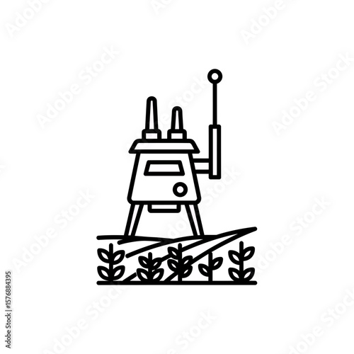 Detailed line icon of an agricultural sensor device standing among field crops, symbolizing modern farming and technology, concept for smart agriculture systems, farm automation, and precision farming
