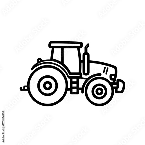 High quality, clean, black and white line art illustration depicting a powerful agricultural farm tractor vehicle icon, concept for farm related graphic design projects, educational materials about