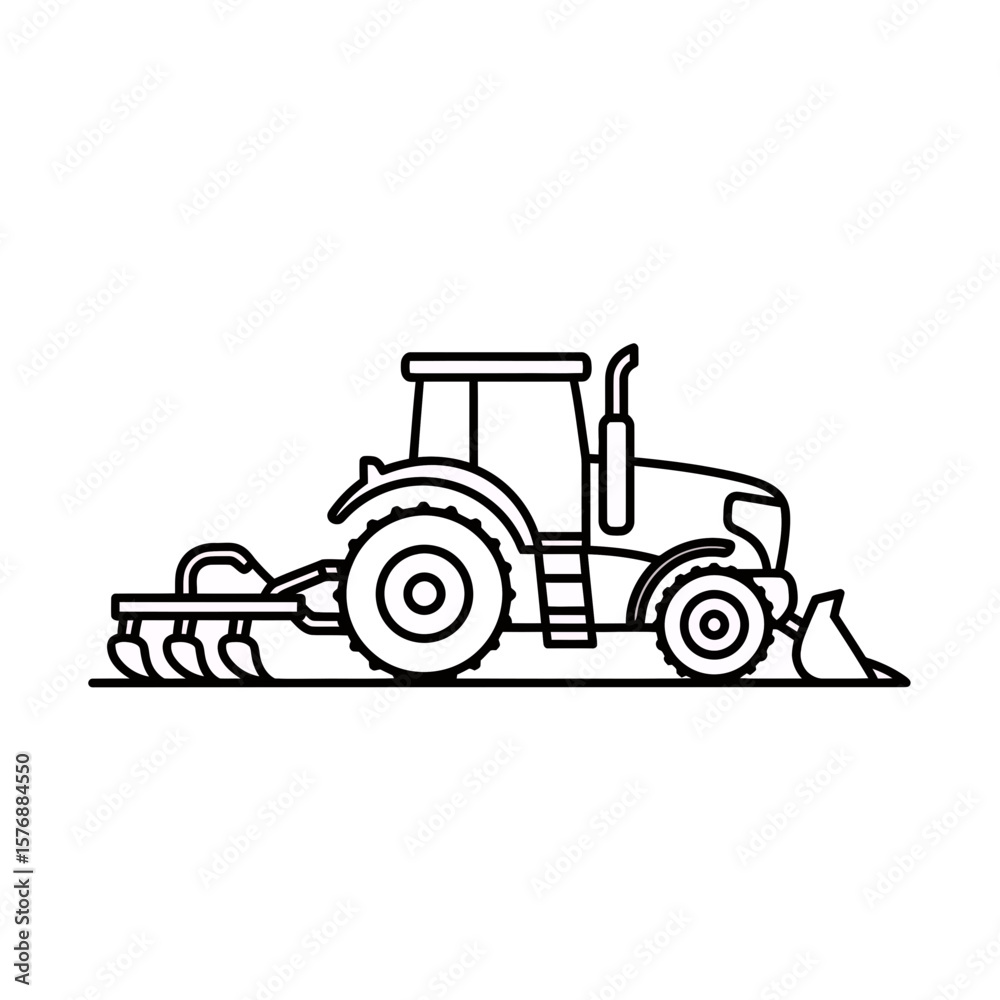Naklejka premium detailed black outline illustration of a modern farm tractor featuring attached plowing equipment and a front loader shovel, concept for agricultural machine diagrams, farming business