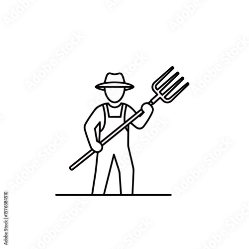 Simple black line vector icon portraying a farmer character wearing hat and overalls holding pitchfork, concept for rural enterprise branding, sustainable food production graphics, and agrarian