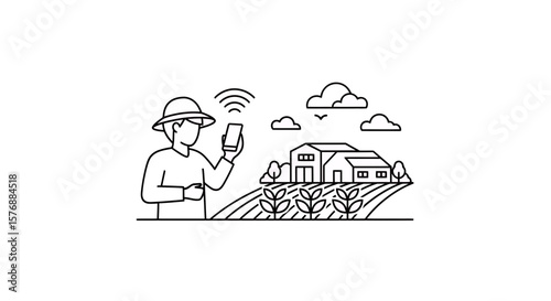 Line art of farmer with smartphone connecting to rural farm technology in field with houses, concept for agriculture technology applications, smart farming illustrations, and rural connectivity