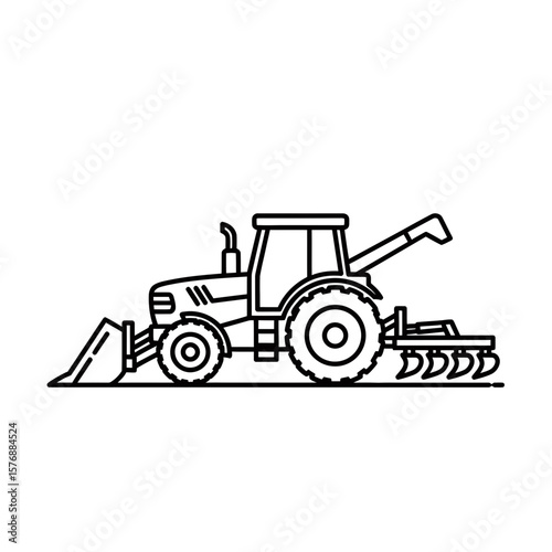 Detailed simple black outline vector drawing of a farm tractor with loader and rear implement attachment, concept for use in agricultural publications, industrial vehicle graphics, and farming