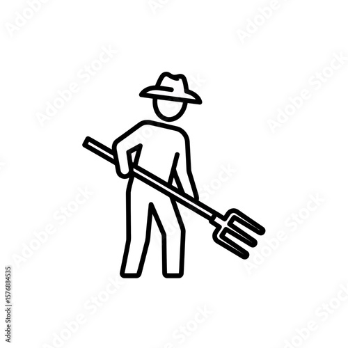 Stylized line drawing portrays an outline of a figure wearing a hat and holding a long-handled pitchfork tool, concept for agricultural industry branding, sustainable farming education materials