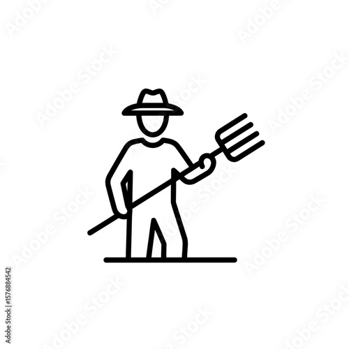 Stylized minimalist black line icon depicting a standing rural farmer figure holding a pitchfork tool, concept for modern agriculture app interfaces, organic farming website design and fresh food