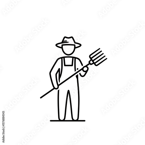Simple black line drawing captures a farmer character in hat and overalls holding a classic agriculture pitchfork tool, concept for diverse agriculture-related visual projects, clean graphic design