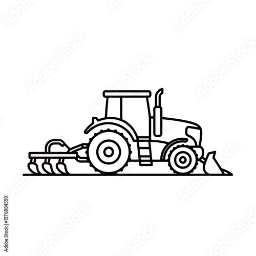 detailed black outline illustration of a modern farm tractor featuring attached plowing equipment and a front loader shovel, concept for agricultural machine diagrams, farming business