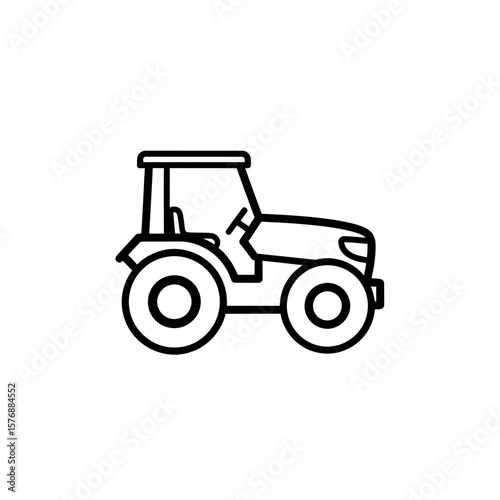 A minimalist black and white linear vector icon illustration clearly depicts a modern agricultural farm tractor vehicle, concept for farming mobile applications, agricultural industry website