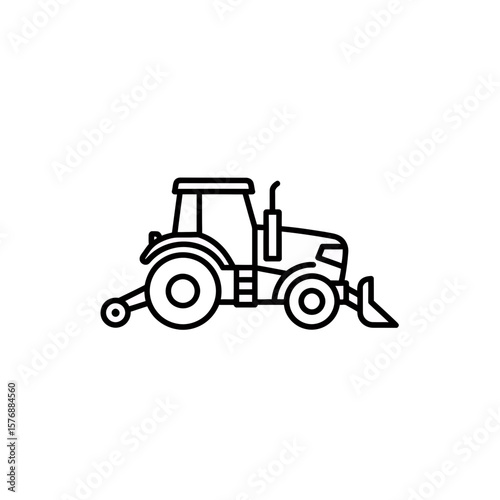 Detailed black outline illustration showing a modern farm tractor featuring front loader equipment, concept for agricultural planning presentations, heavy machinery construction project diagrams