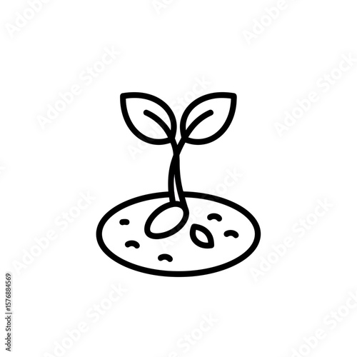 Minimal line drawing depicts a sprouting seed evolving into a young seedling with two leaves in earth, concept for agricultural initiatives, environmental awareness and sustainable development