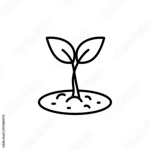 Detailed line vector illustration showing a tiny seedling sprout with two leaves growing out of dark earth soil, concept for agricultural technology innovation, environmental protection campaigns