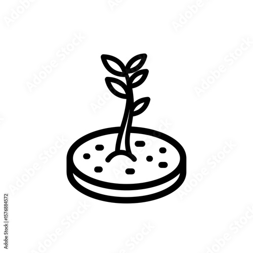 Minimalist black and white line vector icon showing a small green plant growing from a circular base, concept for illustrating business growth strategies, sustainable agriculture initiatives