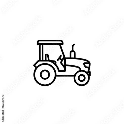 Isolated simple black line vector icon depicting a modern agricultural tractor outline silhouette on a white background, concept for farm equipment symbols, rural work presentations