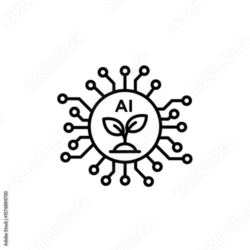 Abstract black line icon illustrates artificial intelligence link with plant growth inside a circuit, concept for integrating AI in farming systems, biological technology advancements