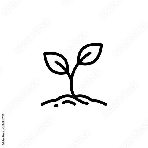 Clean vector graphic illustration of a small plant with two leaves pushing up from fertile ground, concept for green technology solutions, agricultural innovation applications, and sustainable