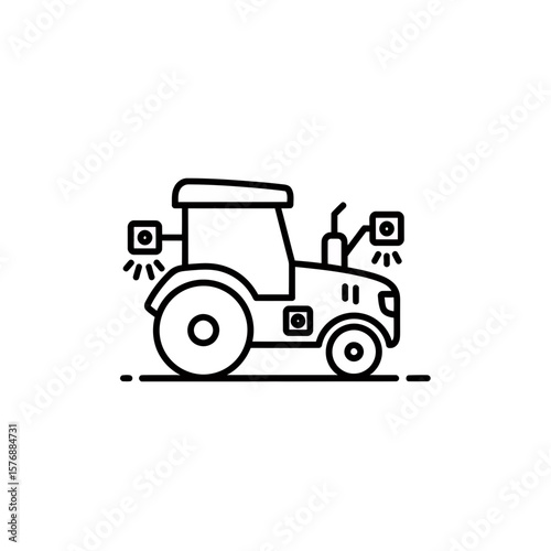 Detailed line icon illustration of a modern farming tractor with extended spraying arms, concept for agricultural business presentations, innovative field technology systems and pest control solutions