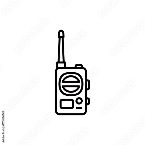 Minimalist line art illustration of a vintage walkie talkie icon on white background, concept for communication symbol, radio technology representation, and security related design