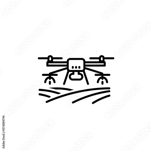 Precision agriculture drone flying over stylized crop rows in minimalist outline icon, concept for smart farm management, agricultural surveillance systems and automated data collection methods