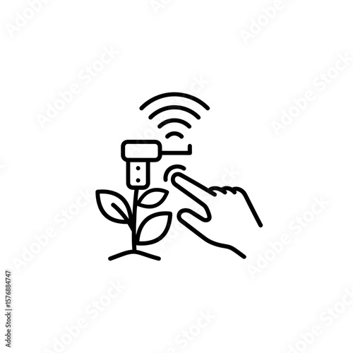 Black and white line vector graphic showing a hand interacting with a seedling equipped with a wireless sensor emitting signal, concept for precision agriculture solutions, automated plant care