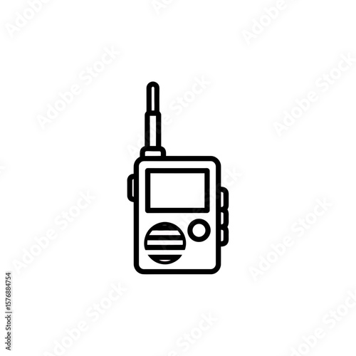 Simple linear outline icon of a portable radio device with antenna and speaker grille, concept for communication technology, security systems and emergency services
