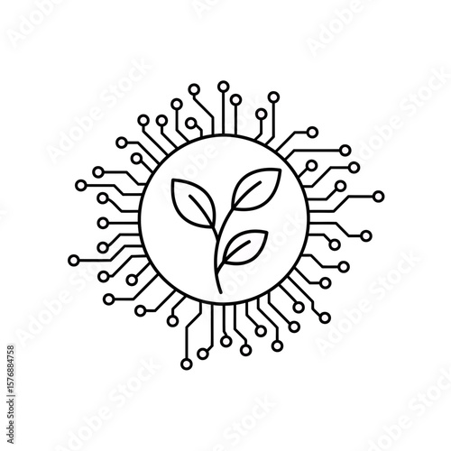 Clean outline icon showing a plant sprout with three leaves centered within a connected circuit board circle design, concept for modern sustainable business solutions, advanced technological