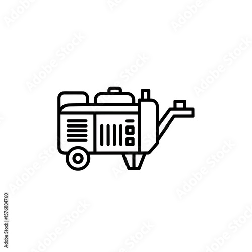 Clear black line icon illustrating a portable electric power generator unit with detailed features like wheels and handle, concept for emergency power provision off-grid energy access and temporary