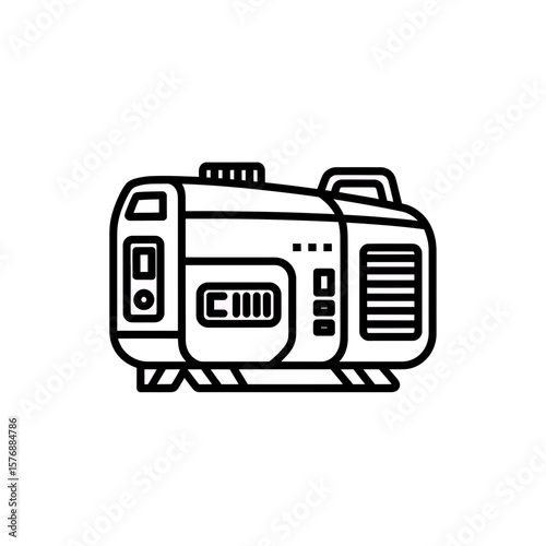 Detailed outline line icon depicting portable electrical power generator machine symbol, technical equipment, concept for emergency backup electricity supply outdoor construction work and temporary