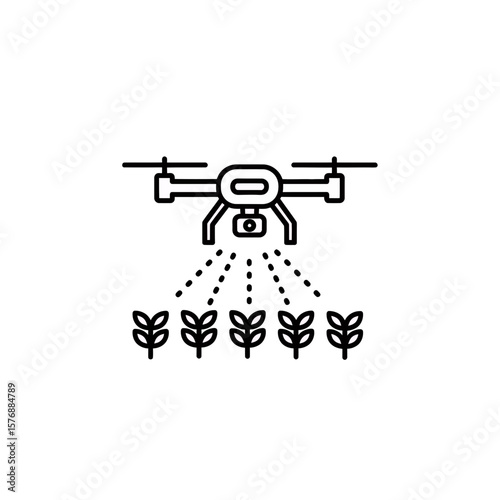 Minimalist black line drawing of a drone over plants, illustrating modern agricultural technique, concept for precision agriculture, concept for pest control solutions and concept for crop health