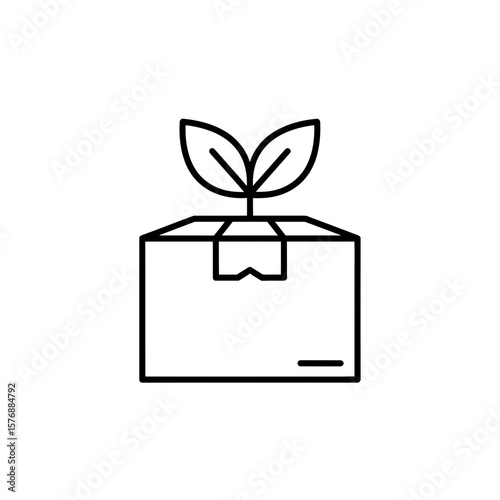 A minimal line art illustration shows a green sprout emerging from a corrugated cardboard shipping box, concept for green packaging solutions, responsible transport services, and ecological supply