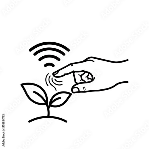 Simple black and white line art illustration shows a finger interacting with small plant and wireless waves, concept for modern farming techniques, ecological technology solutions and future