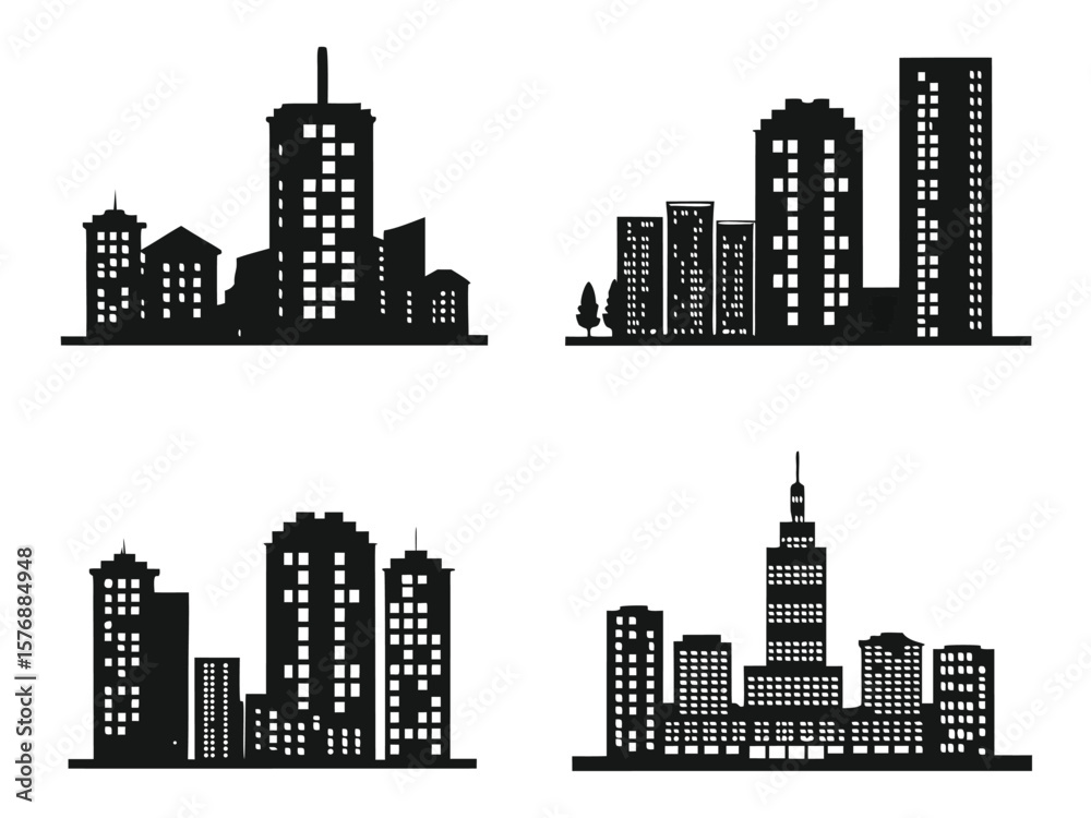 Naklejka premium Black silhouettes of modern city skylines showcasing buildings and urban architecture against white background.