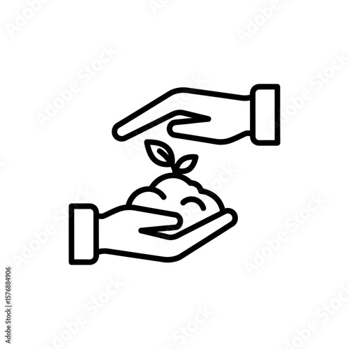Detailed outline icon illustrates human hands gently protecting a fragile young seedling plant nested in rich soil, concept for ecological projects, sustainable farming development and future