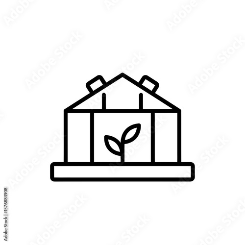 Simple line icon showing a greenhouse or laboratory with a plant seedling inside, concept for smart agriculture technology, scientific research and ecological growth initiatives